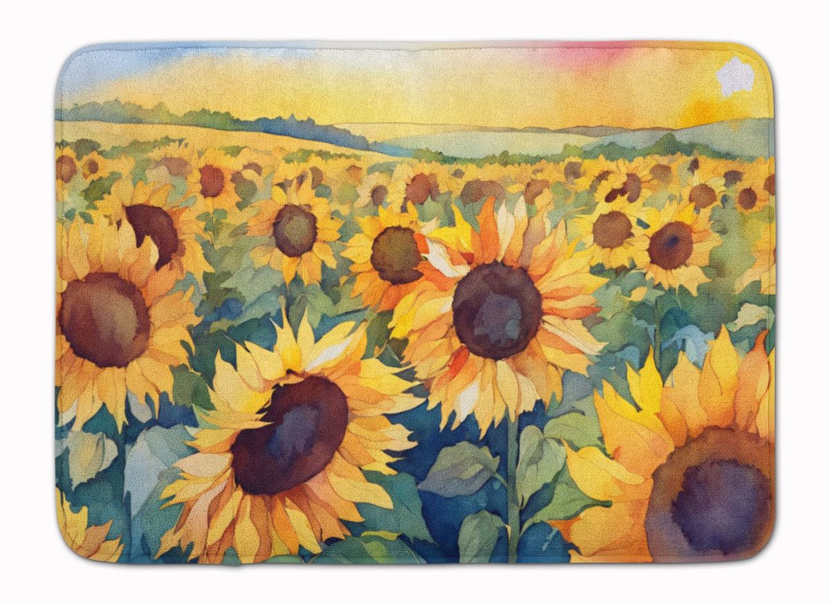 Kansas Sunflowers In Watercolor Memory Foam Kitchen Mat Machine Washable Anti-Fatigue Mat Cushion Comfort Bath Mat Or Kitchen Rug_maomaolike.com