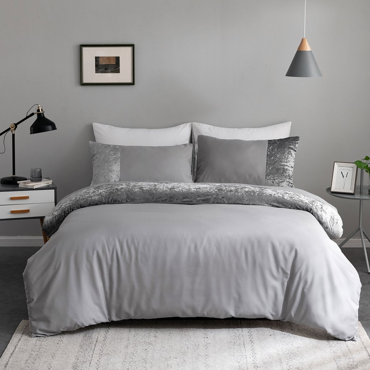 Modern Minimalist Bedding Set Light Gray & Dark Gray Duvet Cover + Pillowcases - 90gsm Synthetic Fiber With Reactive Dyeing_maomaolike.com