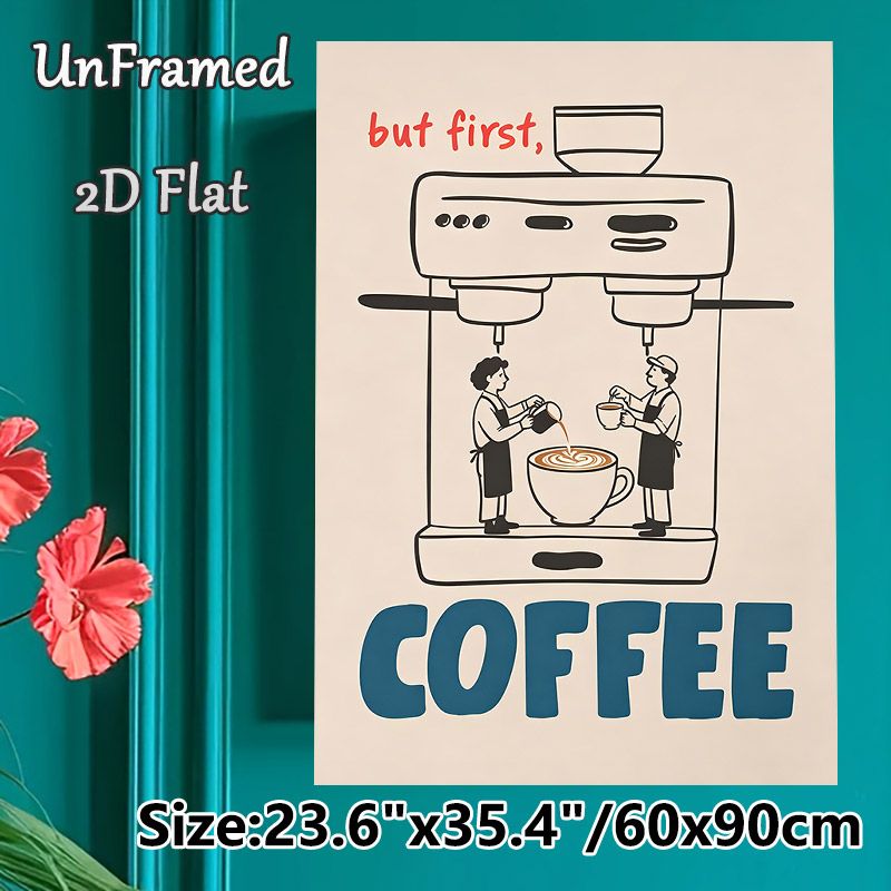 Coffee Themed Painting Poster, Minimalist Cartoon Barista & Coffee Machine Poster, Playful Coffee-focused Decor, Ideal For Coffee Shops, Kitchen And_maomaolike.com