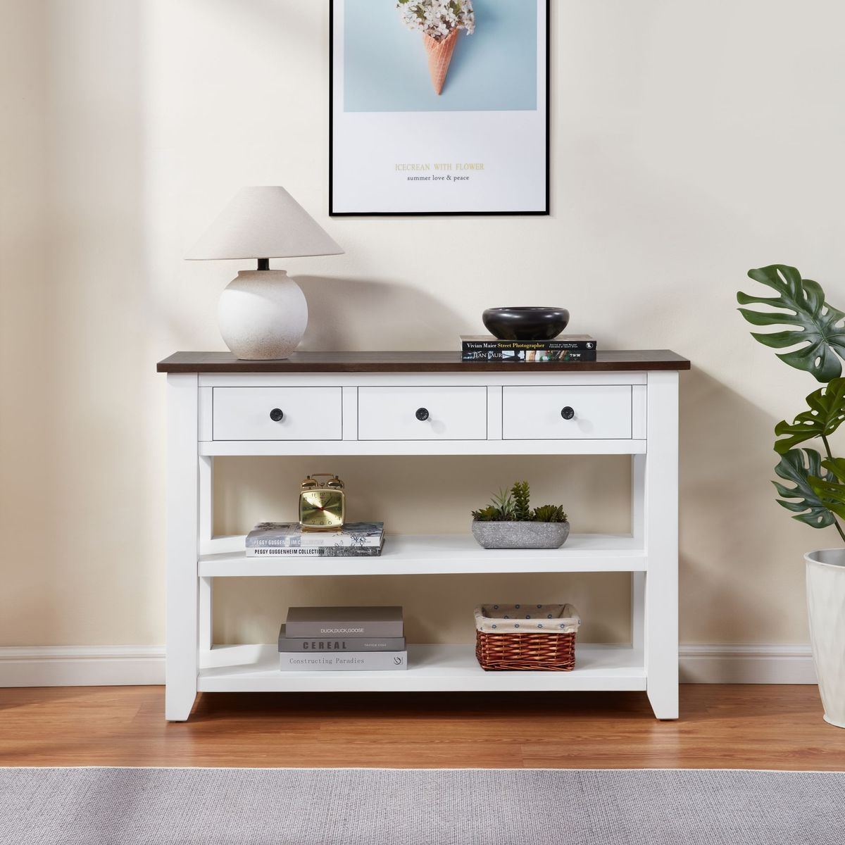 Retro Design Console Table With Two Open Shelves, Pine Solid Wood Frame And Legs For Living Room_maomaolike.com
