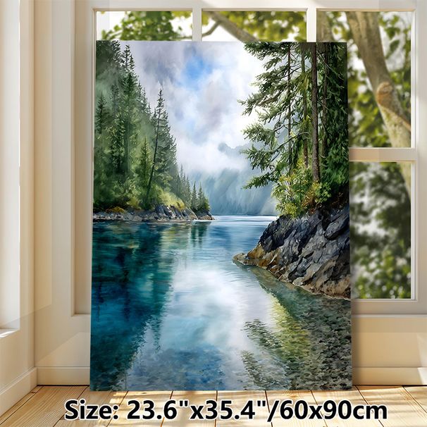 Forest Lake Landscape Painting Poster, Serene Watercolor Nature Scene Poster, Misty Mountain, Lush Evergreens & Clear Lake Design Brings Tranquil_maomaolike.com