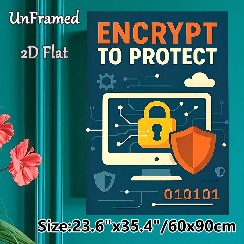 Cybersecurity Encryption Painting Poster, Vibrant Flat Graphic Design Poster, Features Lock, Shield And Computer With Circuit Elements, Delivers_maomaolike.com