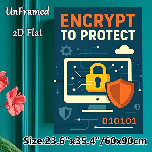 Cybersecurity Encryption Painting Poster, Vibrant Flat Graphic Design Poster, Features Lock, Shield And Computer With Circuit Elements, Delivers_maomaolike.com