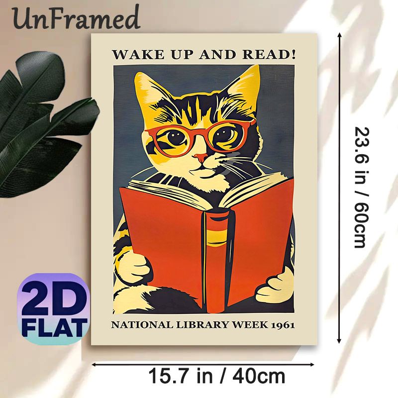Reading Cat "Wake Up And Read" Painting Poster, Vintage Retro 1961 Library Themed Cat With Glasses Reading Book Poster, Literary Decor Ideal For Study_maomaolike.com