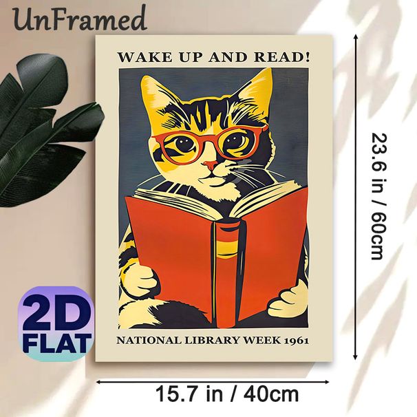 Reading Cat "Wake Up And Read" Painting Poster, Vintage Retro 1961 Library Themed Cat With Glasses Reading Book Poster, Literary Decor Ideal For Study_maomaolike.com