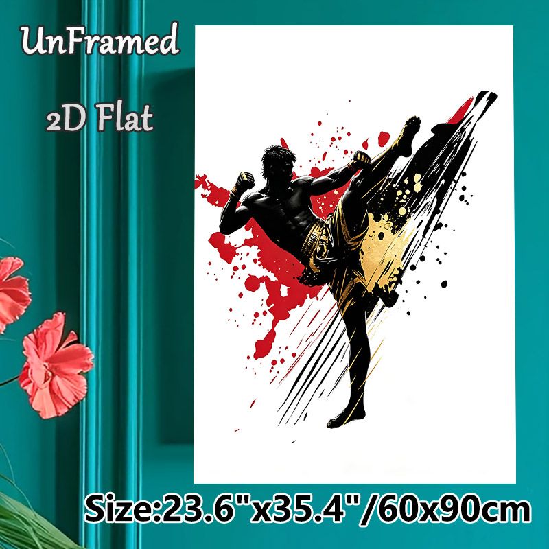 Muay Thai Themed Painting Poster, Dynamic Splash Ink Style Poster, Energetic Kicking Fighter Silhouette With Red & Gold Splatters, Ideal Decor For_maomaolike.com