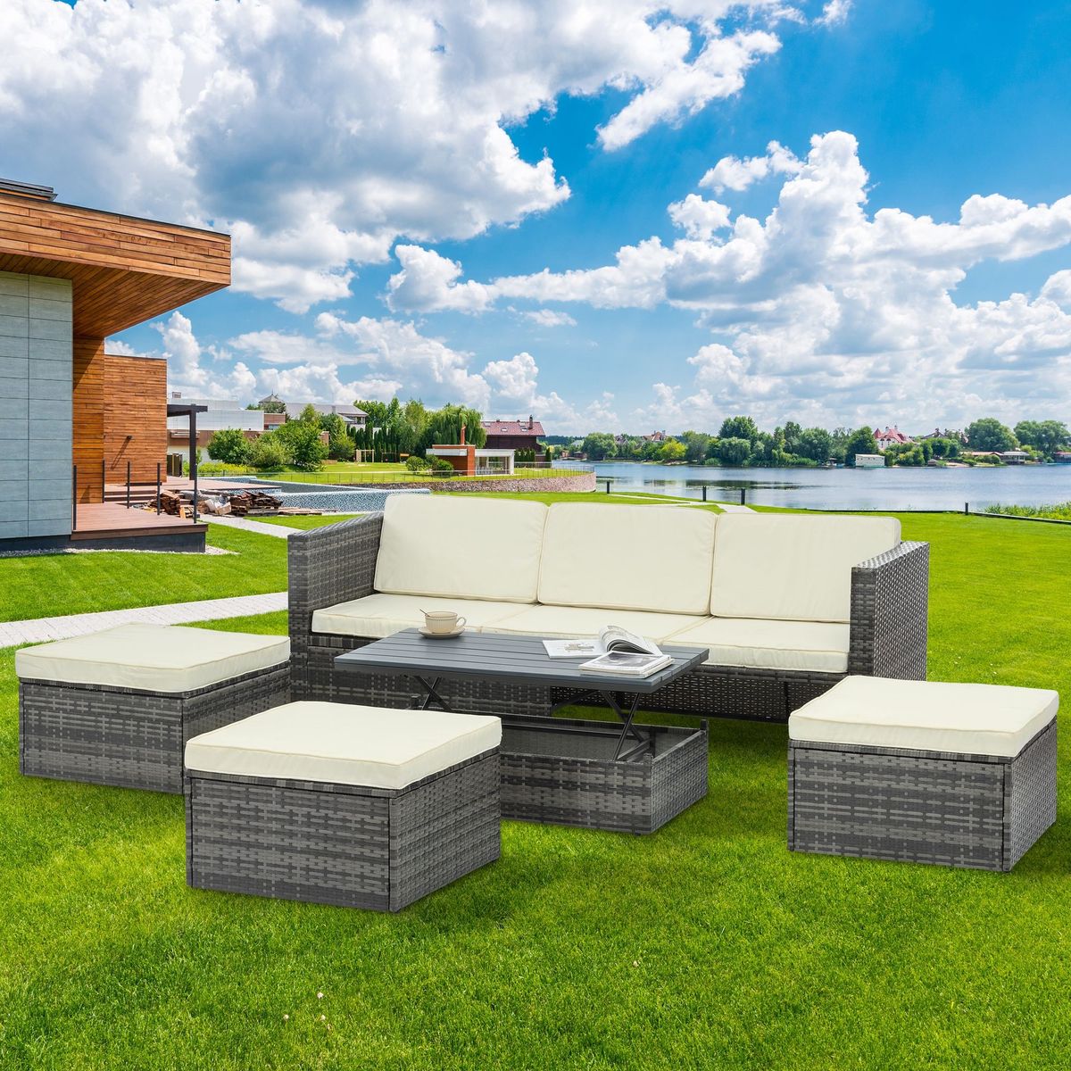 Patio Furniture, Outdoor Furniture, Seasonal PE Wicker Furniture,5 Set Wicker Furniture With Plywood Coffee Table,with Lift TOP Coffee Table,with Lounger Sofa_maomaolike.com