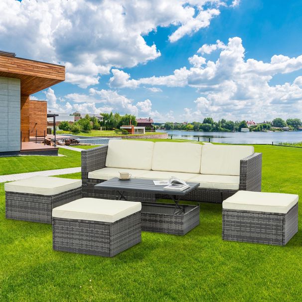 Patio Furniture, Outdoor Furniture, Seasonal PE Wicker Furniture,5 Set Wicker Furniture With Plywood Coffee Table,with Lift TOP Coffee Table,with Lounger Sofa_maomaolike.com