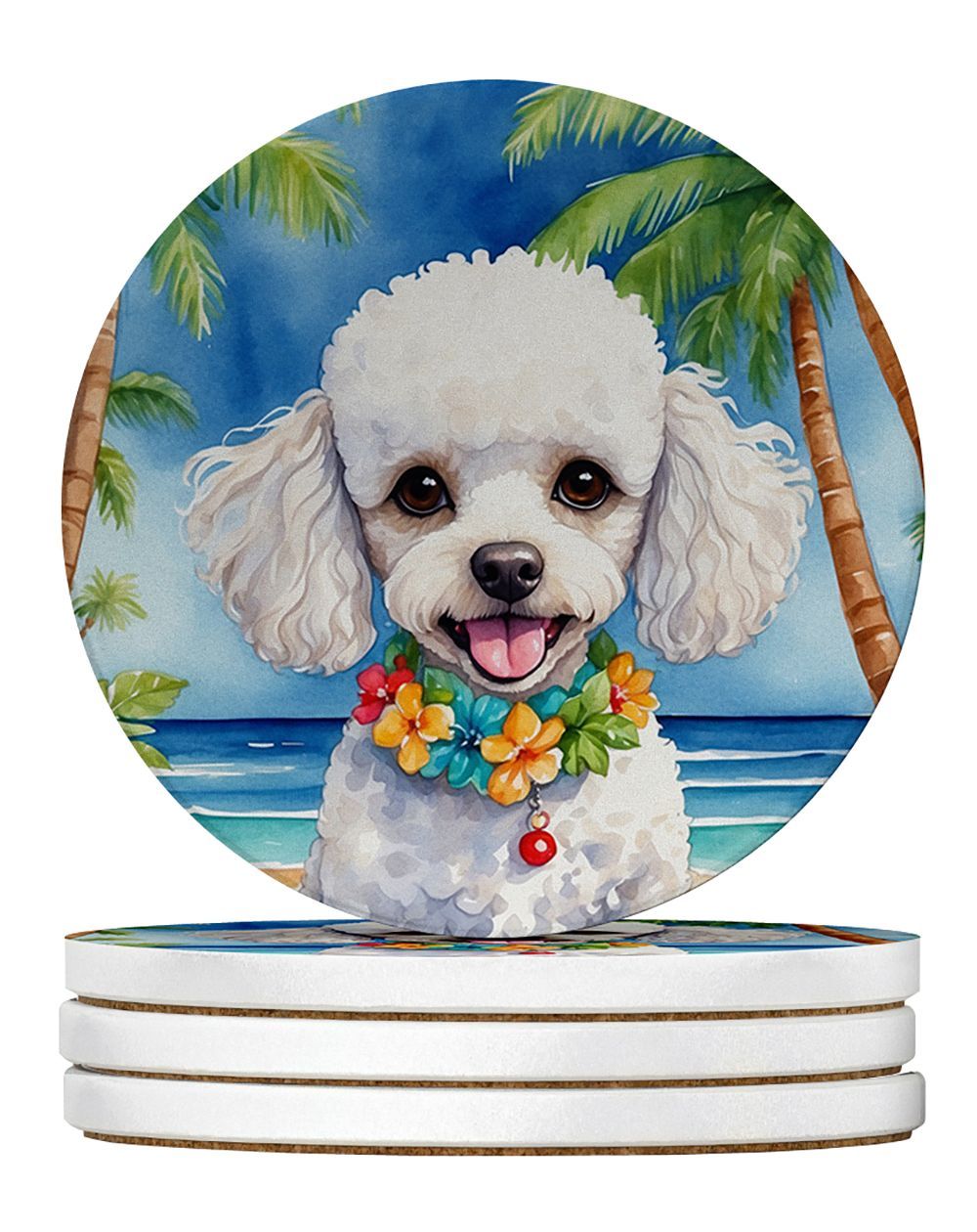 White Poodle Luau Large Sandstone Coasters Pack Of 4 Absorbent Round Coasters Decor Gifts For Men Or Women, 4 In, Multicolor_maomaolike.com