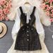 Women's temperament bow tie shirt two-piece suit tweed plaid suspender dress_maomaolike.com