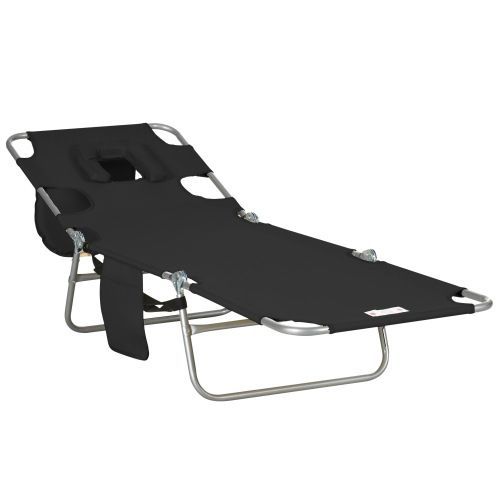 Outsunny Folding Beach Lounge Chair With Face Hole And Arm Slots, 5-level Adjustable Sun Lounger Tanning Chair With Pillow For Patio, Garden, Beach, Pool, Black_maomaolike.com