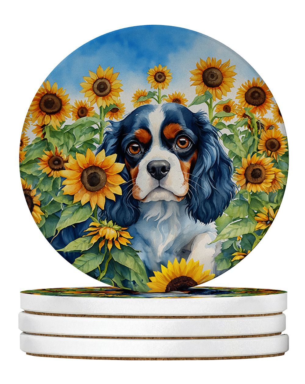Cavalier Spaniel In Sunflowers Large Sandstone Coasters Pack Of 4 Absorbent Round Coasters Decor Gifts For Men Or Women, 4 In, Multicolor_maomaolike.com