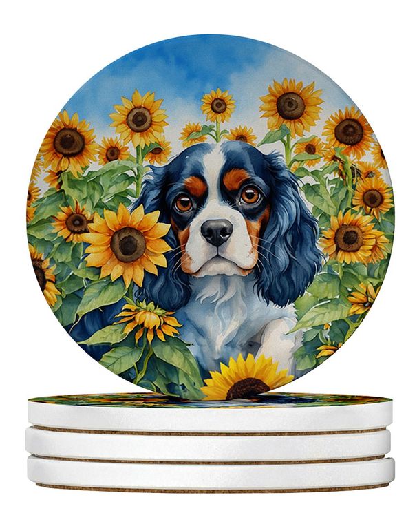 Cavalier Spaniel In Sunflowers Large Sandstone Coasters Pack Of 4 Absorbent Round Coasters Decor Gifts For Men Or Women, 4 In, Multicolor_maomaolike.com