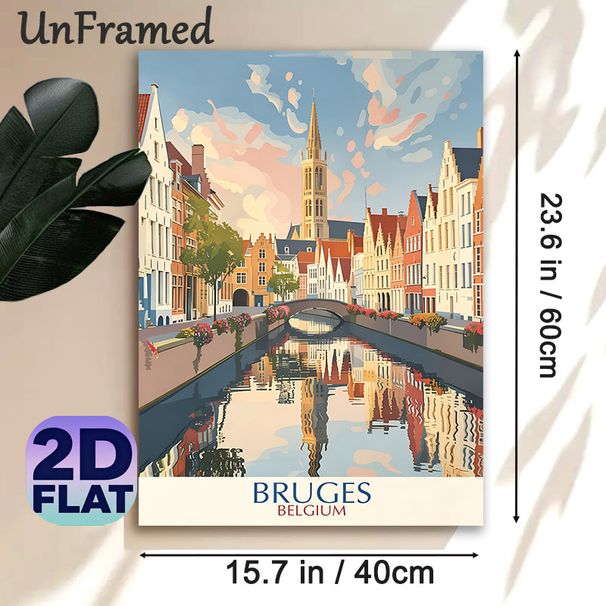 Bruges Belgium Canal Cityscape Painting Poster, Vibrant Retro-style Scenic Poster With Historic Buildings & Canal Reflections, Delicate Travel-themed_maomaolike.com