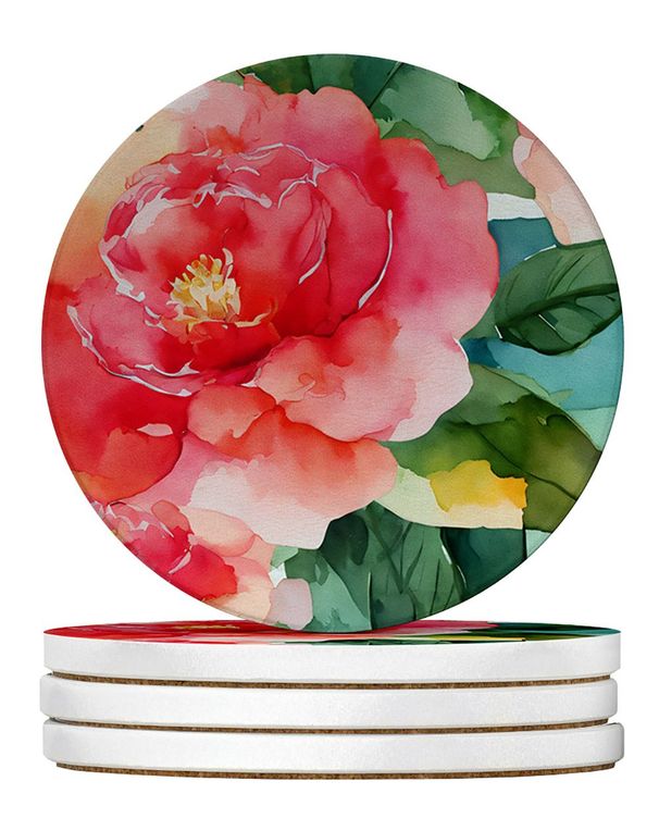 Alabama Camellia In Watercolor Large Sandstone Coasters Pack Of 4 Absorbent Round Coasters Decor Gifts For Men Or Women, 4 In, Multicolor_maomaolike.com