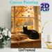 Autumn Window Cat Painting Poster, Warm-toned Idyllic Scene Poster, Cozy Tranquil Autumn View With Black Cat, Falling Leaves And Birds, Ideal For_maomaolike.com