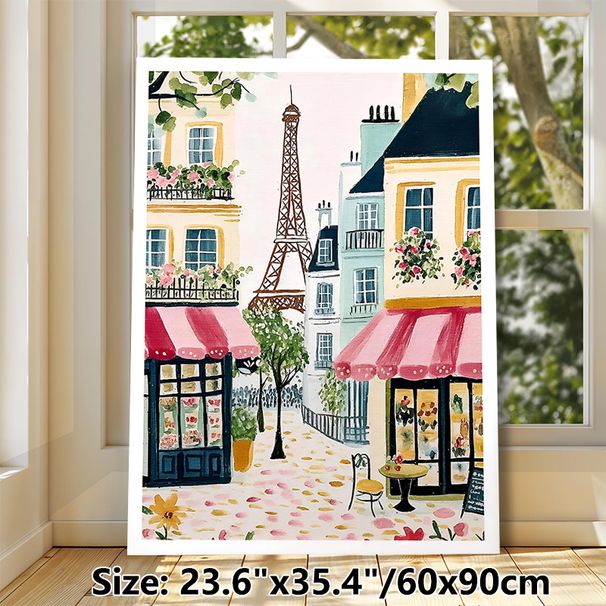 Parisian Street With Eiffel Tower Painting Poster, Pastel-toned Whimsical Hand-painted Scene Poster, Adds Warm Romantic Ambiance Suitable For Living_maomaolike.com