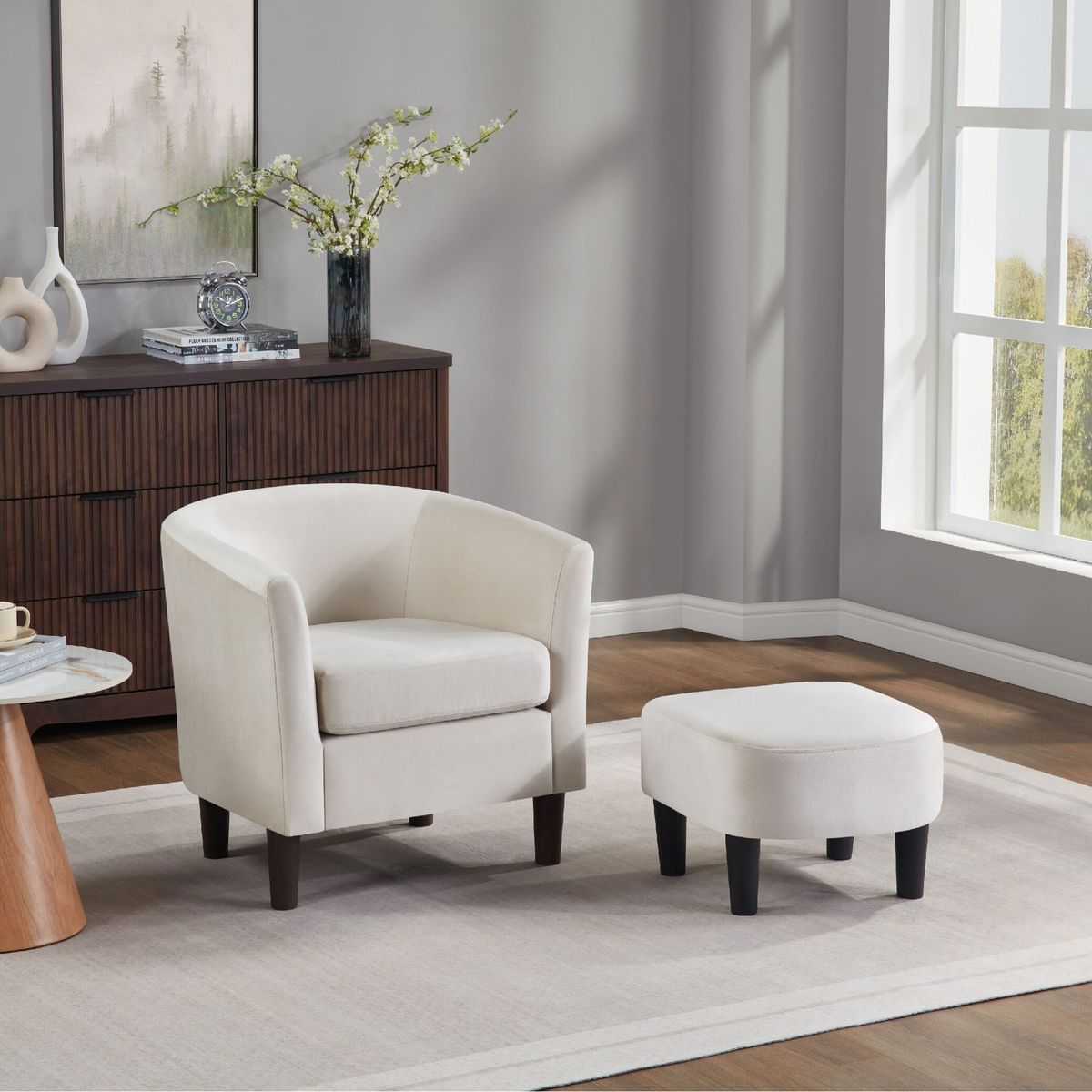 Velvet Accent Chair With Ottoman, Modern Barrel Chair Armchair For Living Room, Bedroom, White_maomaolike.com