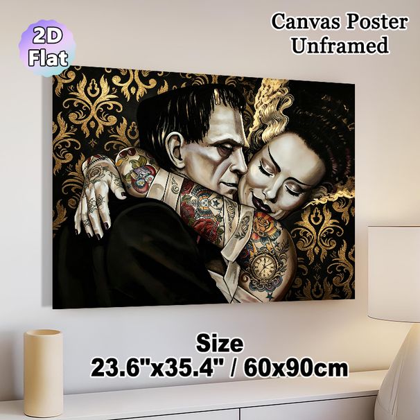 Gothic Monster Couple Painting Poster, Vintage Dark-toned Tattooed Monster Pair With Ornate Golden Filigree Poster, Unique Gothic Art Ideal For_maomaolike.com