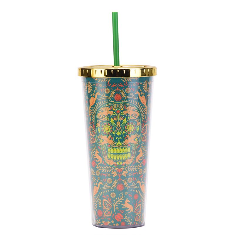 Double layer Plastic Cup Color Skull Halloween Party Water Cup Portable Creative Straw Cup_maomaolike.com