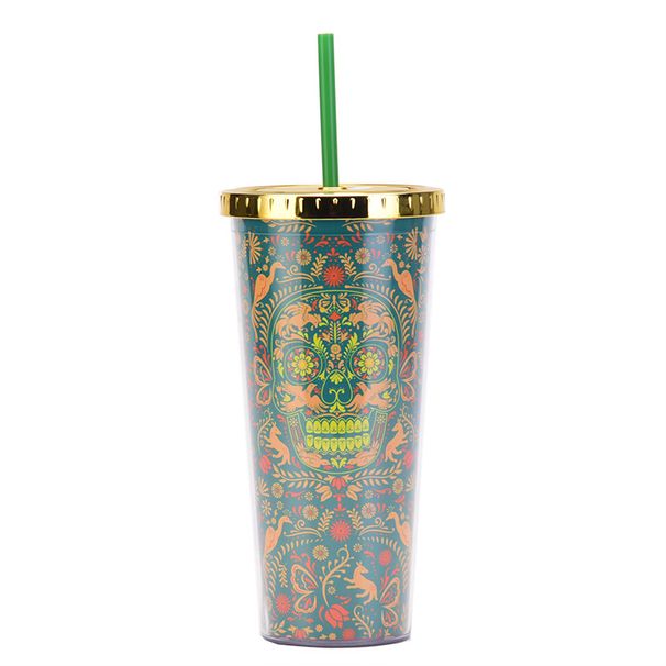 Double layer Plastic Cup Color Skull Halloween Party Water Cup Portable Creative Straw Cup_maomaolike.com