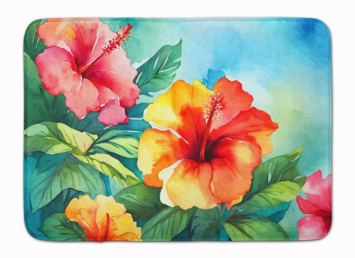 Hawaii Hawaiian Hibiscus In Watercolor Memory Foam Kitchen Mat Machine Washable Anti-Fatigue Mat Cushion Comfort Bath Mat Or Kitchen Rug_maomaolike.com