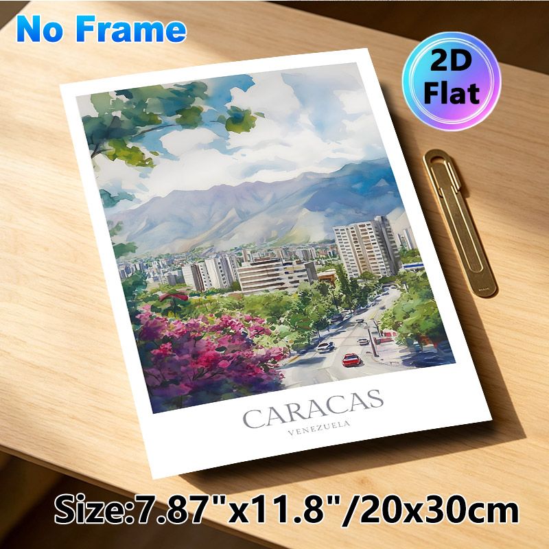 Caracas Cityscape Painting Poster, Soft Watercolor Urban Scene Poster, Features Lush Blooms, City Buildings And Mountain Backdrop, Brings Tranquil_maomaolike.com