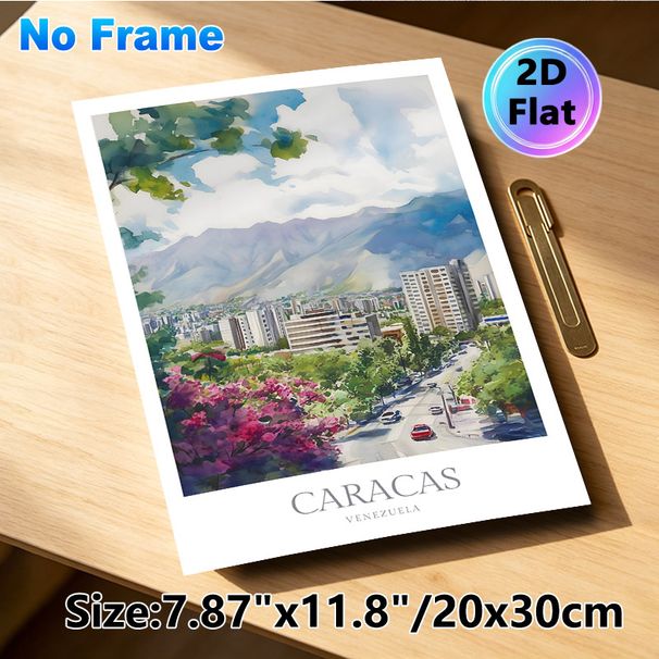 Caracas Cityscape Painting Poster, Soft Watercolor Urban Scene Poster, Features Lush Blooms, City Buildings And Mountain Backdrop, Brings Tranquil_maomaolike.com