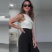 Women's Clothing fashion solid color oblique collar slim fit top high waist wide leg pants suit_maomaolike.com