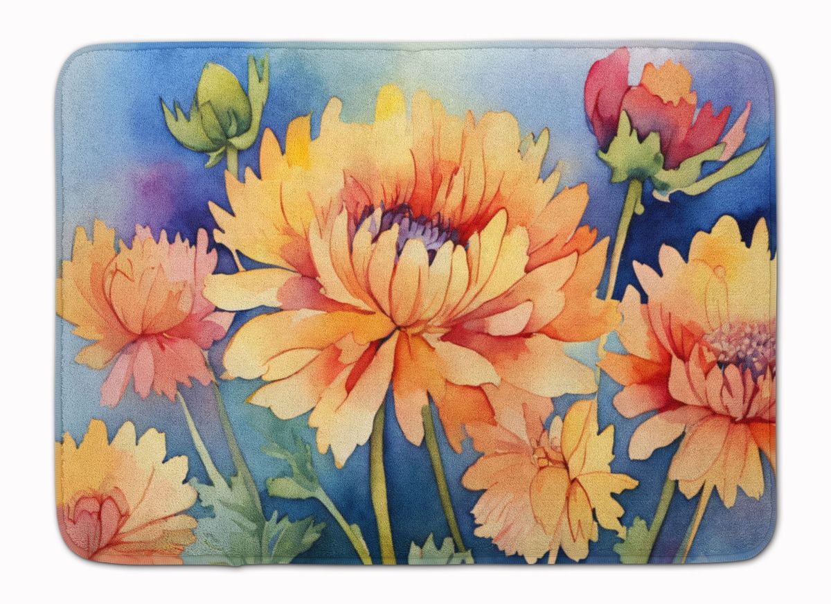 Chrysanthemums In Watercolor Memory Foam Kitchen Mat Machine Washable Anti-Fatigue Mat Cushion Comfort Bath Mat Or Kitchen Rug_maomaolike.com