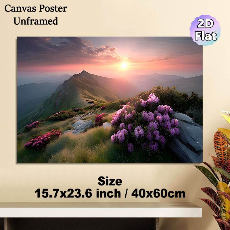 Mountain Sunrise Scenery Painting Poster, Serene Warm-toned Mountain Landscape With Blooming Pink Flowers Poster, Soothing Natural View Ideal For_maomaolike.com