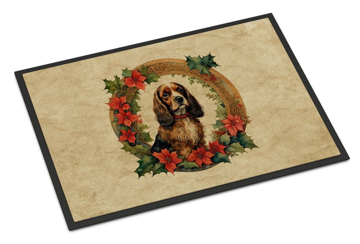 English Cocker Spaniel Christmas Flowers Doormat Front Door Mat Indoor Outdoor Rugs For Entryway, Non Slip Washable Low Pile, 24H X 36W_maomaolike.com
