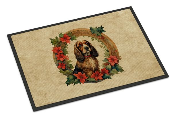 English Cocker Spaniel Christmas Flowers Doormat Front Door Mat Indoor Outdoor Rugs For Entryway, Non Slip Washable Low Pile, 24H X 36W_maomaolike.com