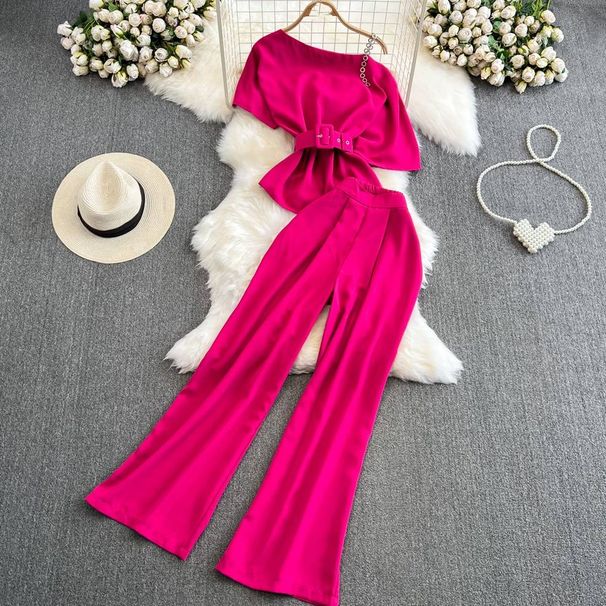 Women's Clothing elegant short sleeved oblique collar, off shoulder waisted short top, two piece suit, high waist wide leg pants_maomaolike.com