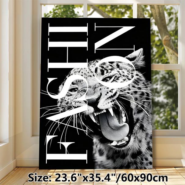 Leopard Themed Painting Poster, Monochrome Roaring Leopard With Artistic Typography Poster, Sleek Eye-catching Decor Ideal For Living Room, Office_maomaolike.com