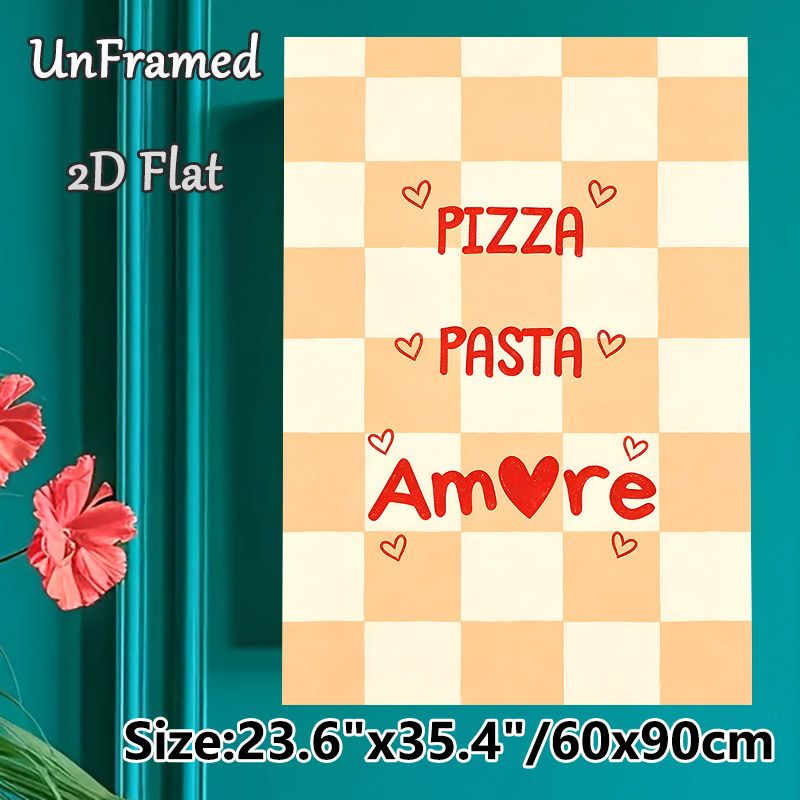 Pizza Pasta Amore Themed Painting Poster, Warm Checkered Print With Playful Handwritten Text And Heart Accents Poster, Brings Cozy Vibe, Suitable For_maomaolike.com
