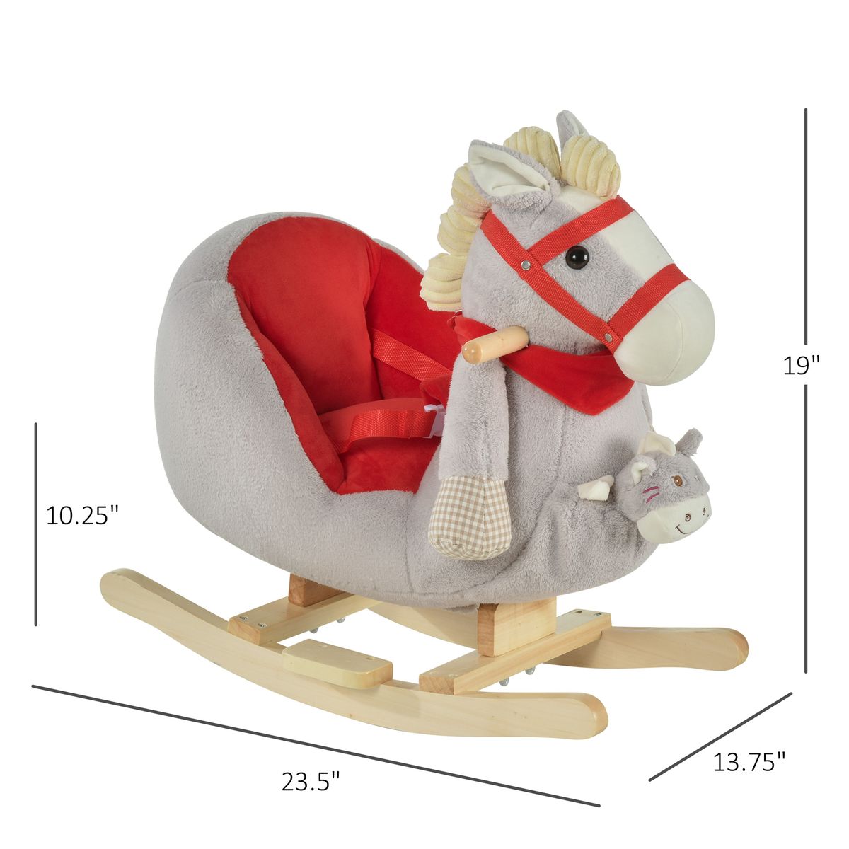 Kids Ride-On Rocking Horse Toy, Rocker With Lullaby Song, Hand Puppets & Soft Plush Fabric For Children 18-36 Months, Gray_maomaolike.com