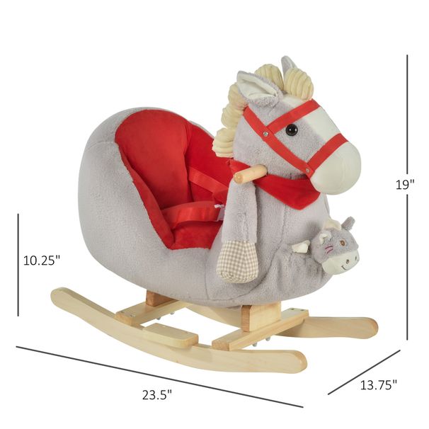 Kids Ride-On Rocking Horse Toy, Rocker With Lullaby Song, Hand Puppets & Soft Plush Fabric For Children 18-36 Months, Gray_maomaolike.com