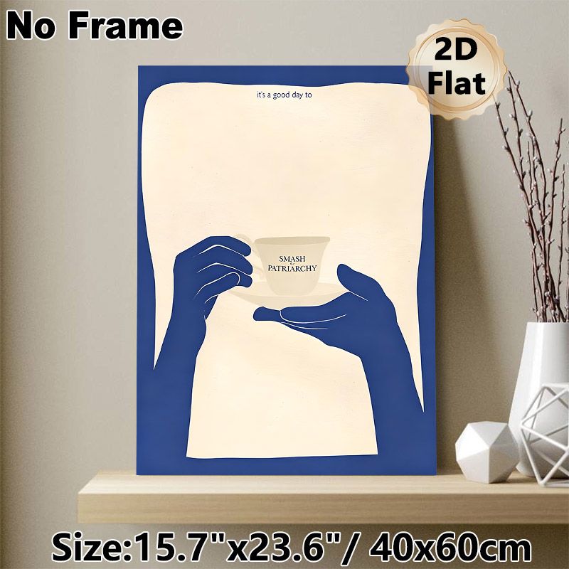 Coffee Cup & Hands Themed Painting Poster, Minimalist Blue & Beige Stylized Graphic Poster, Warm Inspirational Decor Idea For Home Office, Living Room_maomaolike.com