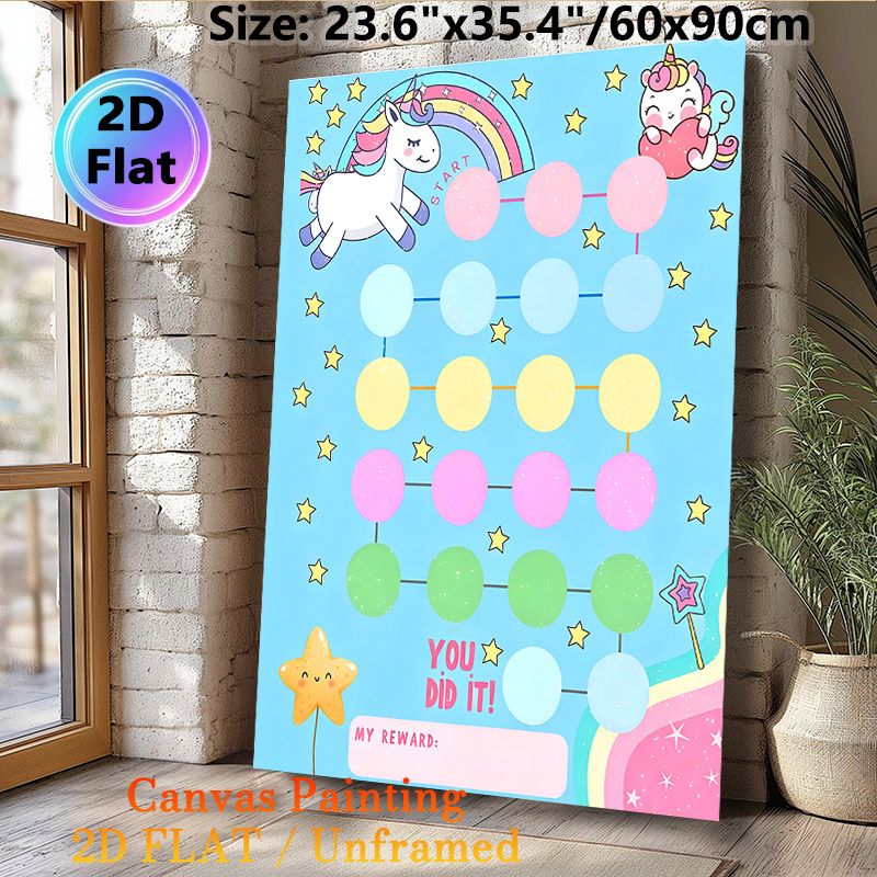 Unicorn Themed Reward Chart Painting Poster, Cute Pastel Cartoon Unicorn & Rainbow Scene Poster, Practical Progress Tracker To Reward Accomplishments_maomaolike.com