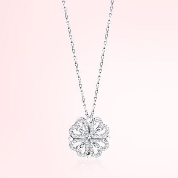 1pc Heart Shaped Four Leaf Clover Pendant Necklace Jewelry Zircon Women Love Clavicle Chain Gifts Openable ChokerJewelry_maomaolike.com