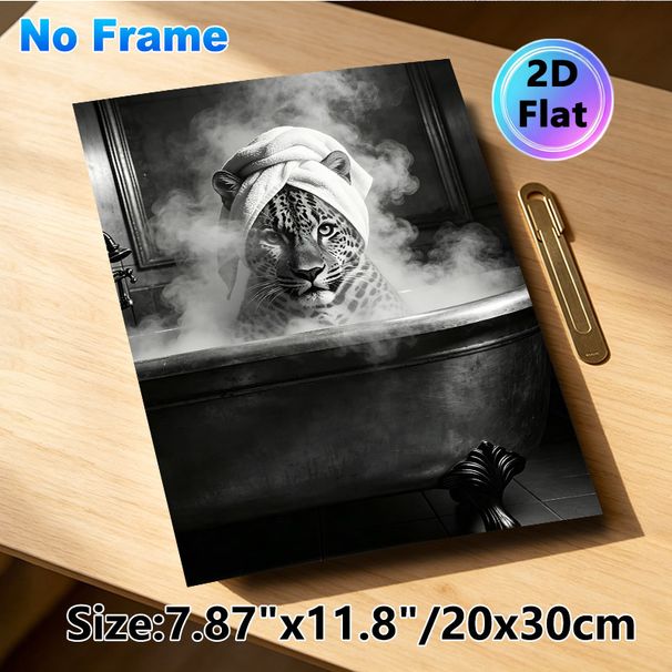 Leopard In Bathtub Painting Poster, Monochrome Retro Style Poster, Whimsical Steam-filled Design Brings Playful Touch For Bathroom Decor_maomaolike.com