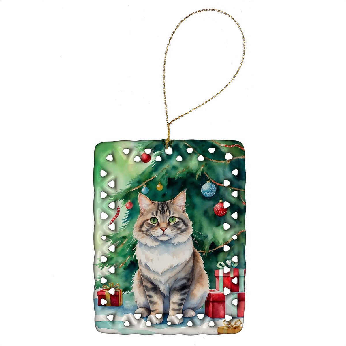 Kurilian Bobtail Cat By The Christmas Tree Porcelain Ornament Christmas Tree Hanging Decorations For Home Christmas Holiday, Rectangle, Gift, Multicolor_maomaolike.com