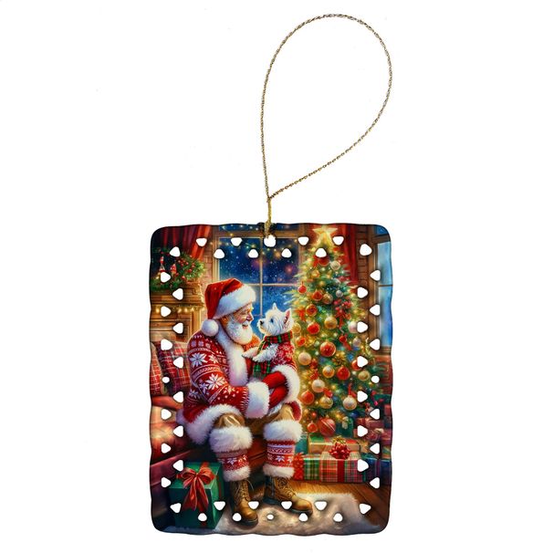 Westie And Santa Claus Porcelain Ornament Christmas Tree Hanging Decorations For Home Christmas Holiday, Rectangle, Gift, Multicolor_maomaolike.com