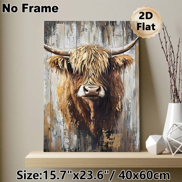 Highland Cow Painting Poster, Textured Earth-toned Rustic Animal Portrait Poster, Adds Warm Rustic Charm, Ideal For Living Room And Farmhouse Wall_maomaolike.com