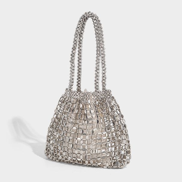 New Vintage Silver Metal Handmade Shiny Beaded Handbag Underarm Single Shoulder Sequin Bag Woven_maomaolike.com