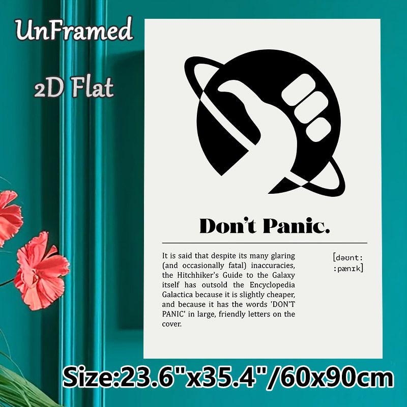"Don't Panic" Hitchhiker's Guide Painting Poster, Minimalist Black-and-white Planet Graphic Poster, Inspirational Text Design For Home Office, Living_maomaolike.com