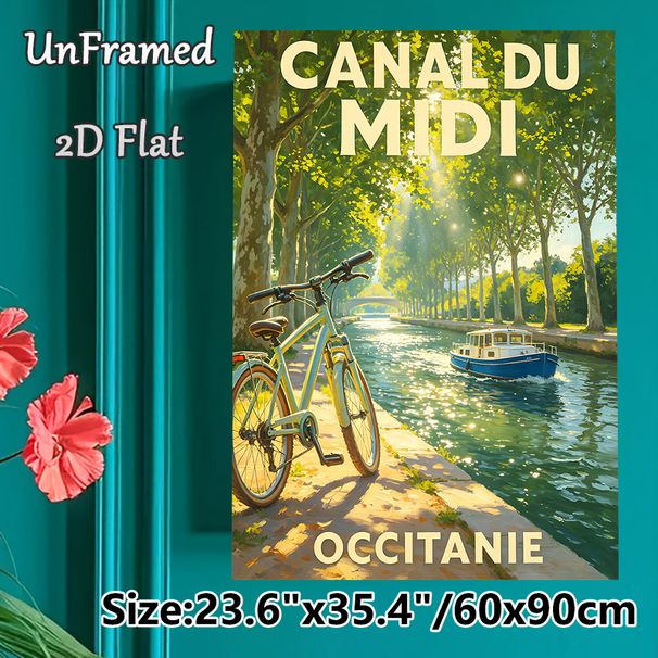 Canal Du Midi Themed Painting Poster, Warm Sunlit Riverside With Bicycle & Boat Poster, Tranquil Scenic Artwork Ideal For Living Room, Bedroom_maomaolike.com