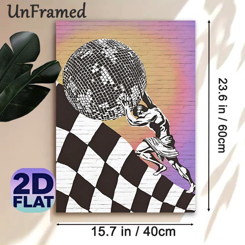 Sisyphus & Disco Ball Themed Painting Poster, Stylish Graffiti-style Poster, Monochrome Figure Pushing Disco Ball On Checkered Ramp With Gradient_maomaolike.com