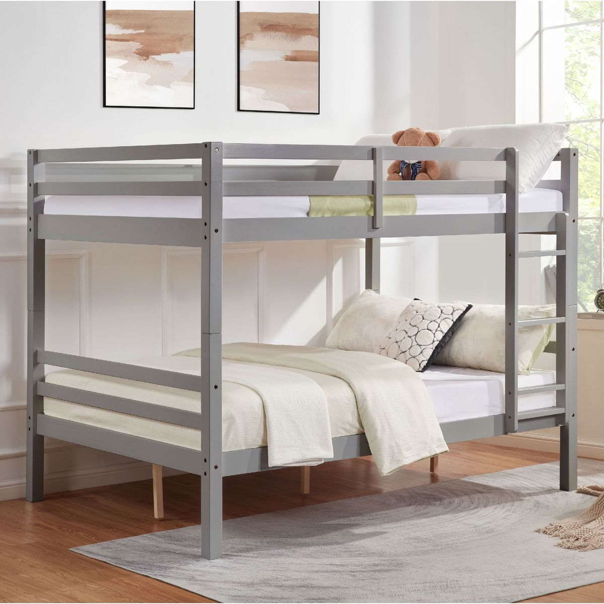 Full Over Full Bunk Bed With Thick Posts,Wooden Bunk Bed With High Guardrail And Ladder For Kids, Teens, Dorm Rooms, And Guest Rooms,No Box Spring Needed, Grey_maomaolike.com